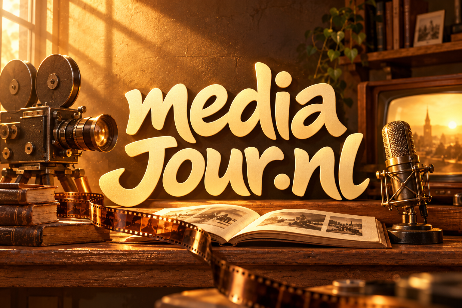 mediajour.nl in warm licht, met filmcamera, microfoon, boek en Nederlandse huizen op een televisiescherm.